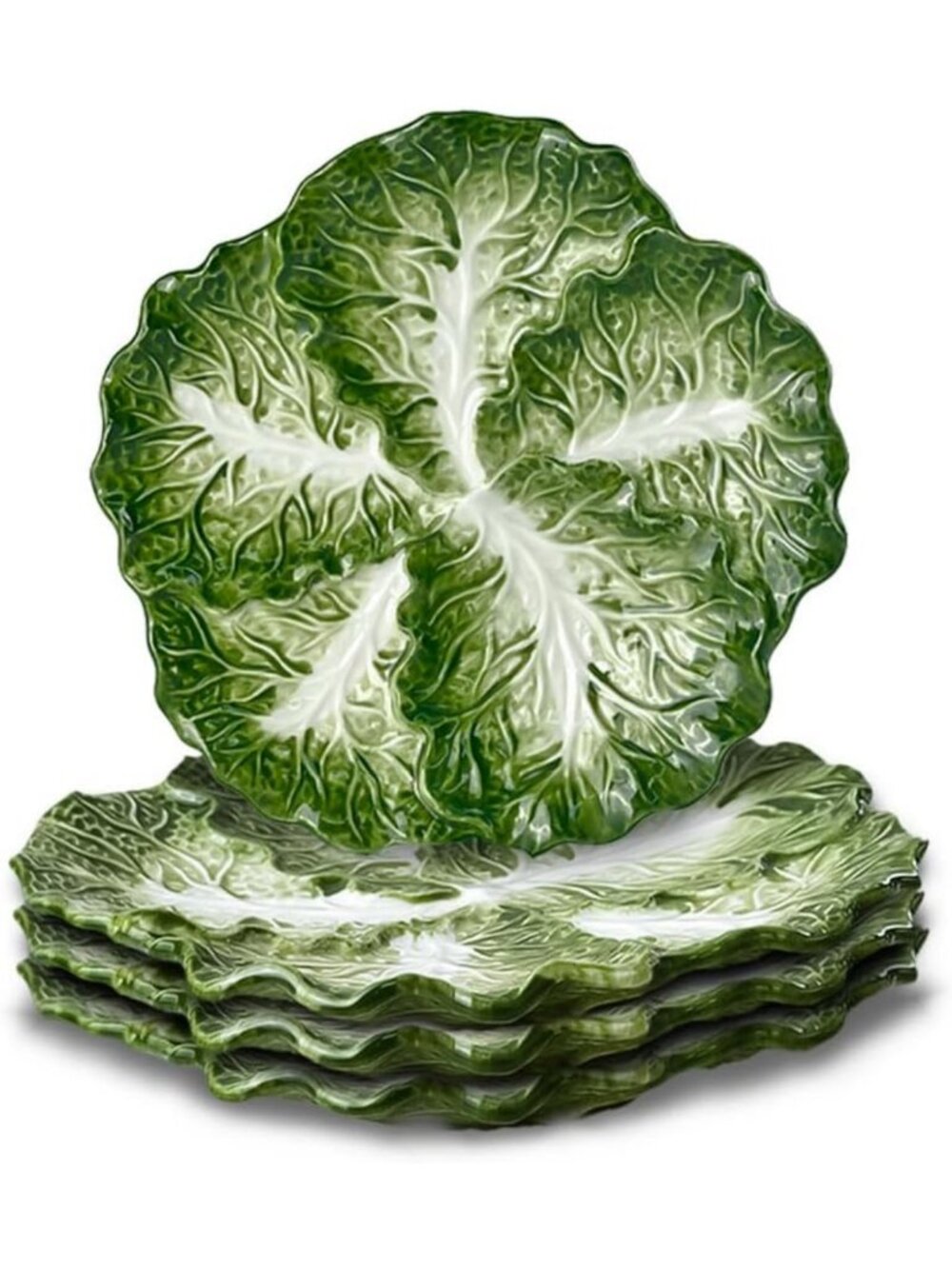 4-Piece Green Ceramic Cabbage Plates Set - 8-Inch, Microwave & Dishwasher Safe